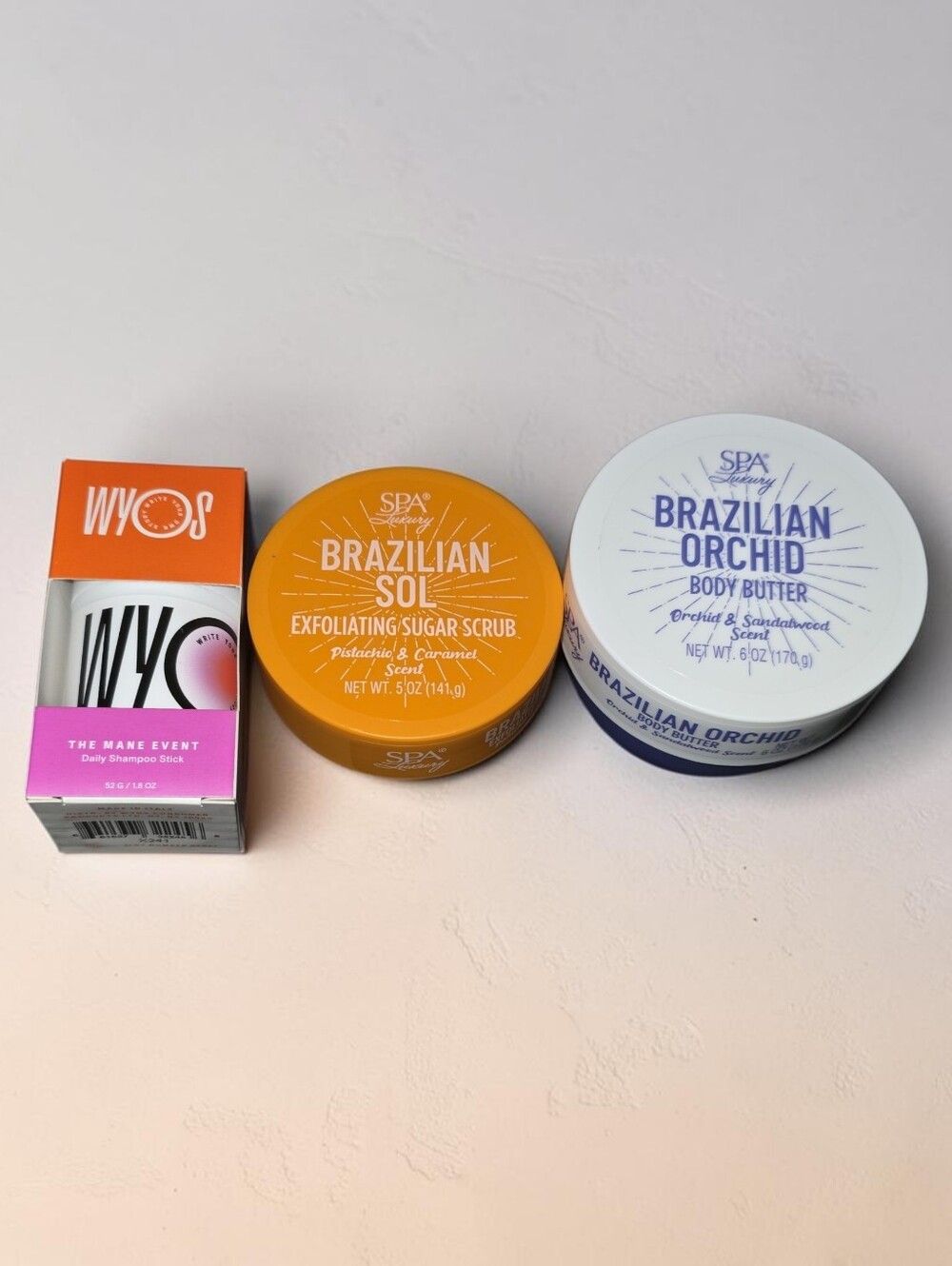 Brazilian Sol Exfoliating Sugar Scrub, Butter And WYOS Shampoo Stick